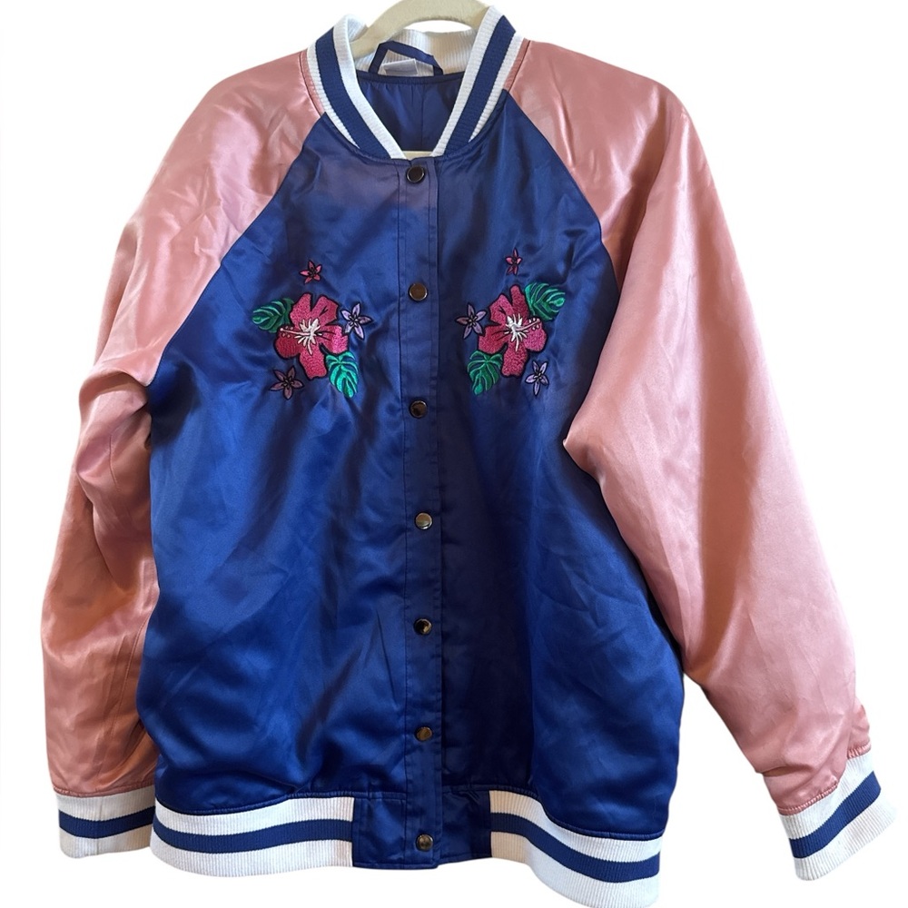 Disney Woman’s Lilo Stich Aloha Pink Blue Bomber‎ Jacket Size 2 XL Embossed